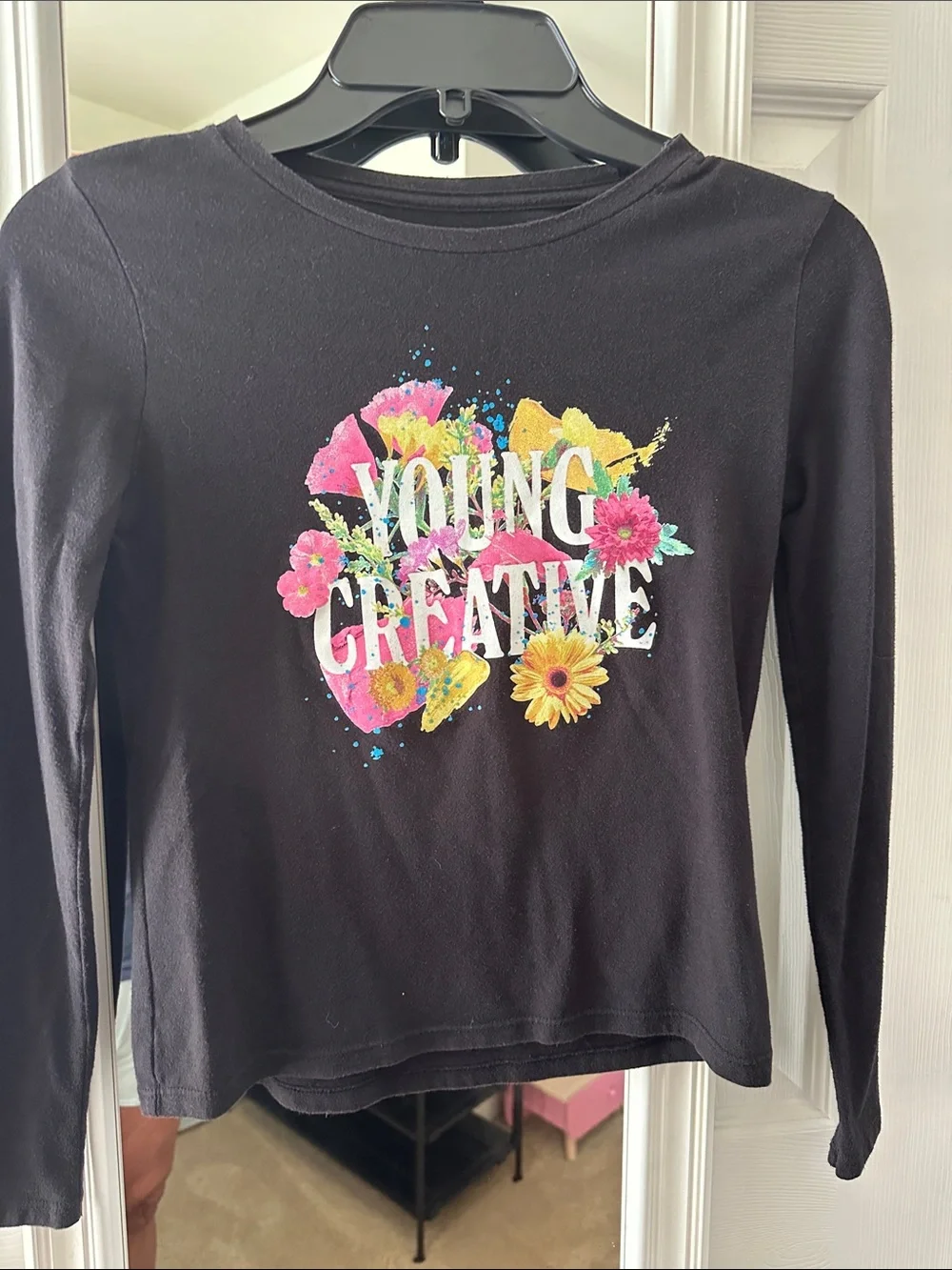 Old Navy Black Long Sleeve Tee with Colorful 'Young Creative' Floral Graphic